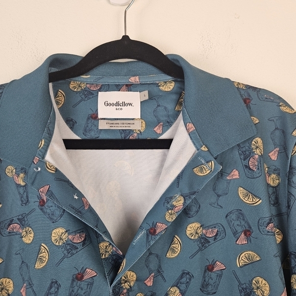 Goodfellow & Co Polo Mens Size Large Teal Cocktails Drinks Tea Lemonade Shirt - Picture 3 of 8
